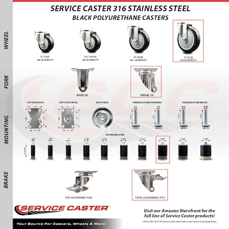 Service Caster 5 Inch 316SS Black Poly Swivel 1-5/8 Inch Expanding Stem Caster Lock Brake, 2PK SS316TTLEX20S514-PPUB-BLK-2-S-2-158